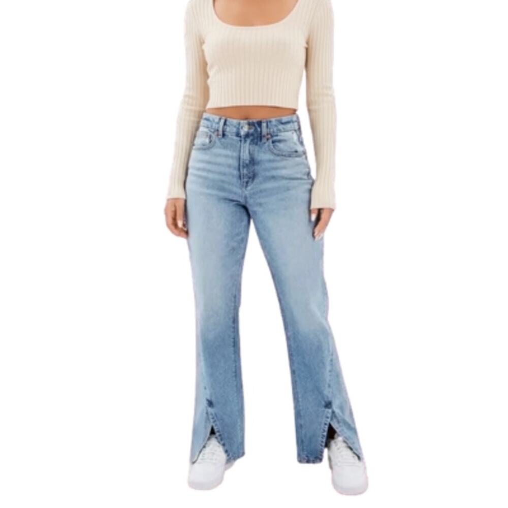 American Eagle 90's Bootcut Jean Split Front Hem Light Distressed Wash Size 18